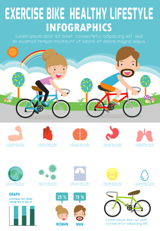Man and woman riding bikes. Lose weight by cycling, healthy infographic Concept, Elements for flyer design for website, magazine,illustrationのイラスト素材