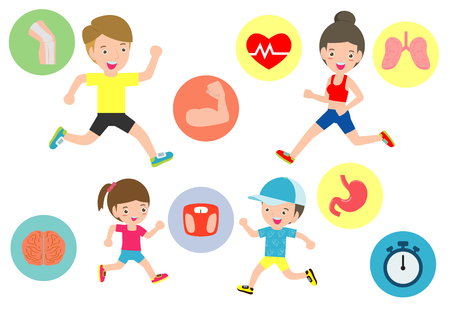 set of family jogging for healthy. Vector flat cartoon character icon design.vector illustration isolated on white background.のイラスト素材