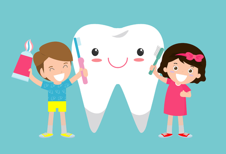 illustration of Kids Brushing a Tooth,Little children take care of and clean a large, smiling tooth. cartoon characters - Vectorのイラスト素材