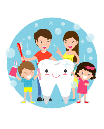 illustration of Kids with parents a Tooth,family take care of and clean a large, smiling tooth. cartoon characters - Vectorのイラスト素材