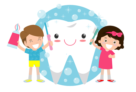 illustration of Kids Brushing a Tooth,Little children take care of and clean a large, smiling tooth. cartoon characters - Vectorのイラスト素材