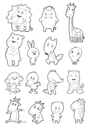Cute cartoon doodle sketch Animals Vector on white Background, linear drawing, set of funny Animals illustrationsのイラスト素材