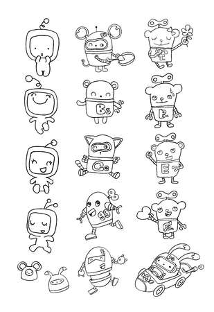 Cute happy cartoon doodle Robot, Group of Robot drawing sketch,  Vector Illustrationのイラスト素材