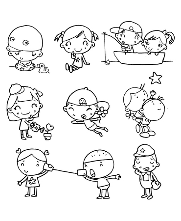 Cute happy cartoon doodle kids, Group of child drawing sketch, set of children character Vector Illustrationのイラスト素材