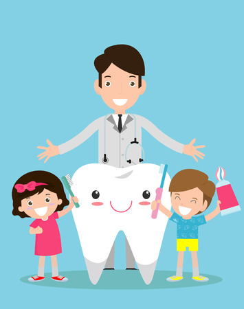illustration of Kids Brushing a Tooth, Doctor and kids. Doctor standing together with children take care of and clean a tooth. cartoon characters - Vectorのイラスト素材