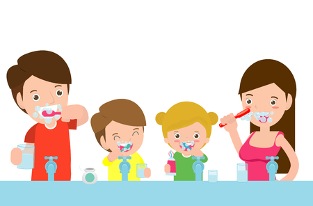 illustration of Kids with parents a Tooth,family take care of and clean a tooth. cartoon characters - Vectorのイラスト素材