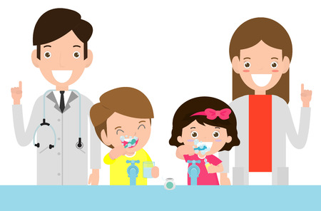 illustration of Kids Brushing a Tooth, Doctor and kids. Doctor standing together with children take care of and clean a  tooth. cartoon characters - Vectorのイラスト素材