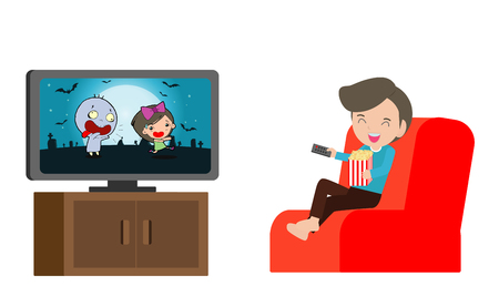 Child watching TV, Little boy watches television isolated vector illustrationのイラスト素材