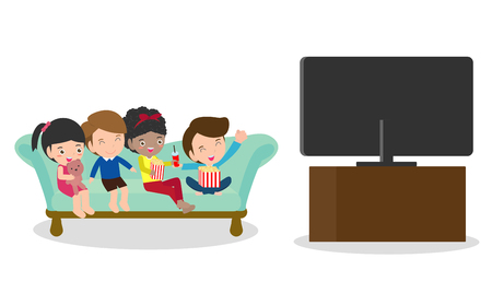 Illustration of  kid watching TV, Little boy and girl watches televisionのイラスト素材