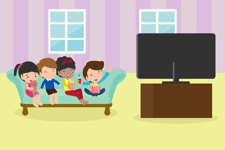 Illustration of  kid watching TV, Little boy and girl watches televisionのイラスト素材