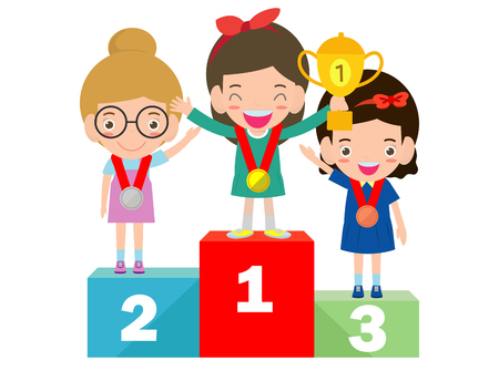Children with medals for victory stand on the sports pedestal,  Medalists kids standing on competition winner podiumのイラスト素材
