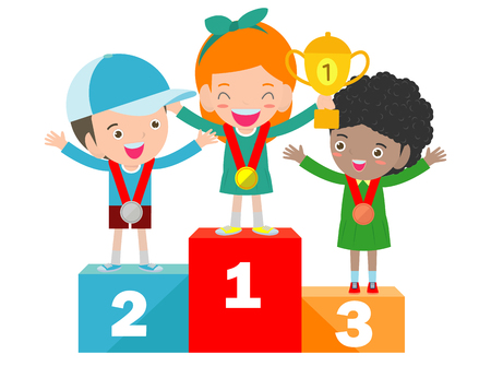 Children with medals for victory stand on the sports pedestal,  Medalists kids standing on competition winner podiumのイラスト素材