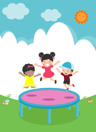 Kids jumping on trampoline. child Practicing Different Sports And Physical Activities In Physical Education Class Vector flat cartoon illustrationのイラスト素材