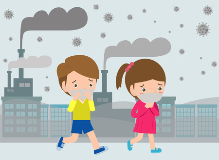 kids in masks because of fine dust, boy and girl wearing mask against smog. Fine dust, air pollution, industrial smog protection concept flat style design vector illustration.のイラスト素材