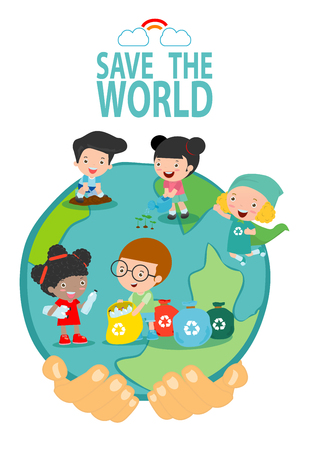 Save the Earth, save the world, save planet, recycling,ecology concept, cute kid cartoon character isolated on white background vector illustrationのイラスト素材