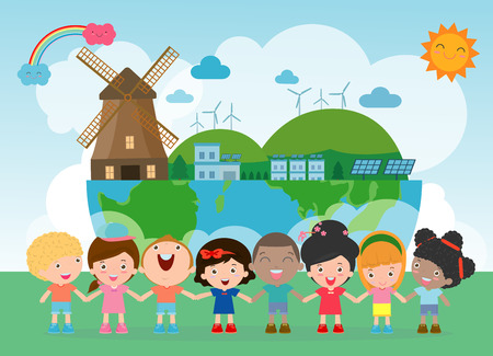 Kids for Saving Earth, save the world, save planet, ecology concept, cute kid cartoon character isolated on white background vector illustrationのイラスト素材