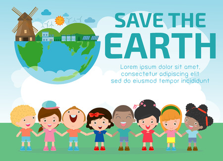 Kids for Saving Earth, save the world, save planet, ecology concept, cute kid cartoon character isolated on white background vector illustrationのイラスト素材