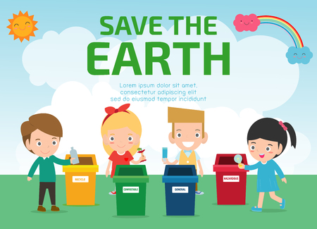 Kids for Saving Earth, save the world, save planet, ecology concept, cute kid cartoon character isolated on white background vector illustrationのイラスト素材