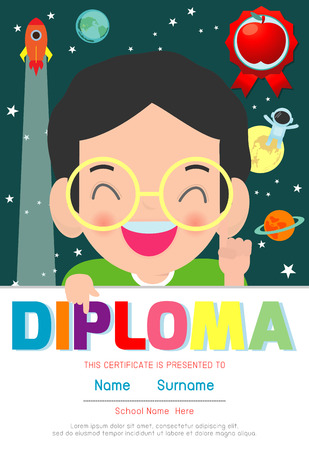 Certificate kids diploma, Children Astronaut in Space Adventures vector. education preschool concept.のイラスト素材