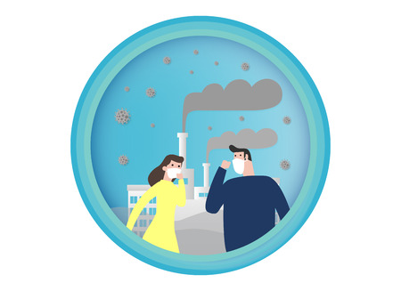 People in masks because of fine dust PM 2.5 , man and woman wearing mask against smog. Fine dust, air pollution, industrial smog protection concept, paper art style design vector illustration.のイラスト素材