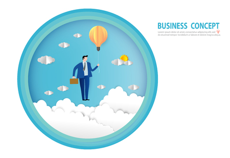 Businessman flying on a light bulb balloon, goals, success, Paper art style, people business concept vector flat design illustrationのイラスト素材