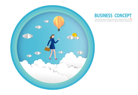 Businesswoman flying on a light bulb balloon, goals, success, Paper art style, people business concept vector flat design illustrationのイラスト素材