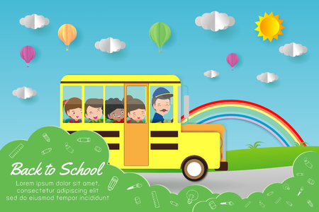 Paper art of Back to school, kids on School bus, education concept, paper cut style vector illustration isolated on background, Template for advertising brochure, your text,のイラスト素材