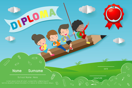 Diploma template for kids, Certificates kindergarten and elementary, Preschool Kids Diploma certificate pattern design template for students, paper art style vector illustrationのイラスト素材