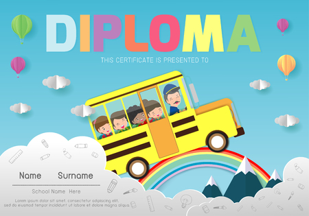 Diploma template for kids, Certificates kindergarten and elementary, Preschool Kids Diploma certificate pattern design template for students, paper art style vector illustrationのイラスト素材