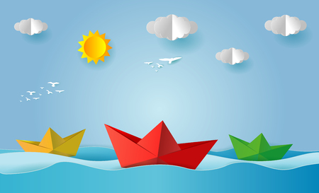 origami boat sailing in the ocean, paper art and digital craft style, leadership concept, flat Vector illustration.のイラスト素材