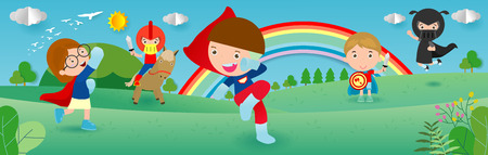 Kid Superheroes wearing comics costumes,child With Super hero Costumes set, Cute little Children's in Superhero costume characters isolated on white background, paper art styleのイラスト素材