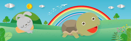 Tortoise and the Hare,Turtle and rabbit racing together to win, Flat style isolated on background. paper art and digital craft style vector illustrationのイラスト素材