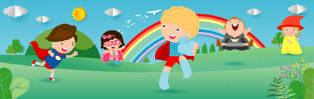 Kid Superheroes wearing comics costumes,child With Super hero Costumes set, Cute little Children's in Superhero costume characters isolated on white background, paper art styleのイラスト素材