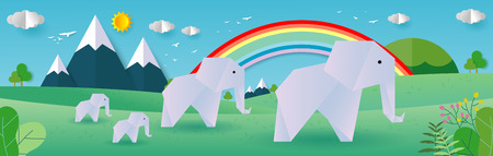 Paper Origami Concept, Elephants elephants family at the watering hole, abstract background composed of white paper clouds and sun, Mountains, Landscape for Card, Paper cut Vector Illustrationsのイラスト素材