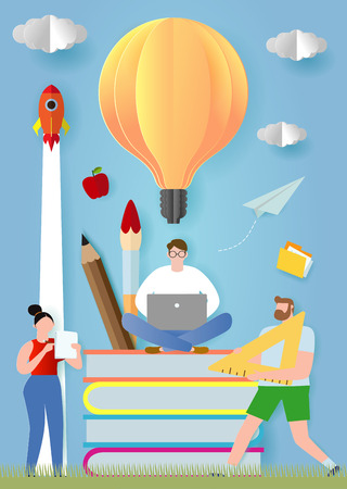 small people education concept. idea raising a career to success. Paper cut and craft style.Paper art origami Vector illustrationのイラスト素材