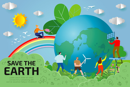 small people prepare for the day of the Earth, save the planet, save the world, Earth day,ecology concept vector illustration isolated on backgroundのイラスト素材