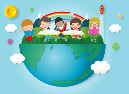 back to school,education concept, kid reading books,child school,  Template for advertising brochure, your text,Kids and frame,child and frame,Vector Illustration, cartoon happy children.Illustrationのイラスト素材