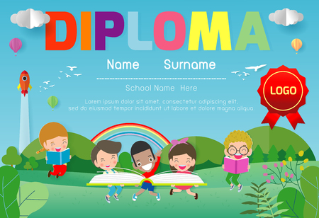 Diploma template for kids, Certificates kindergarten and elementary, Preschool Kids Diploma certificate background design template, vector illustrationのイラスト素材
