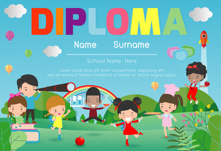 Diploma template for kids, Certificates kindergarten and elementary, Preschool Kids Diploma certificate background design template, vector illustrationのイラスト素材