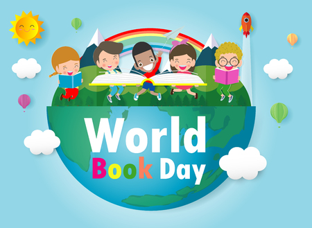 World Book Day, kid reading books ,Education Concept, Happy Book Day Vector Illustrationのイラスト素材