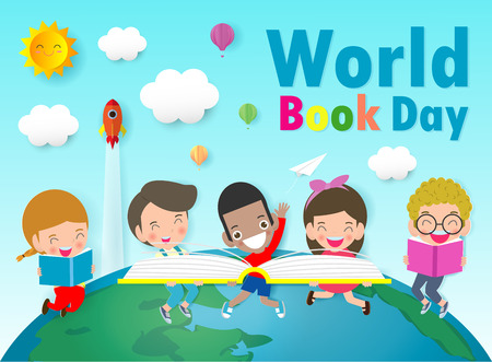 World Book Day, kid reading books ,Education Concept, Happy Book Day Vector Illustrationのイラスト素材