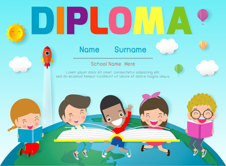 Diploma template for kids, Certificates kindergarten and elementary, Preschool Kids Diploma certificate background design template, vector illustrationのイラスト素材