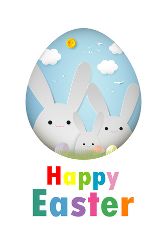 Happy Easter Rabbit Bunny greeting card on blue sky background. Easter banner template, Paper cut and craft style. Origami Vector illustration.のイラスト素材