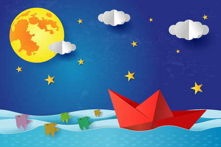 origami Paper boat at night on blue sea ocean. Surreal seascape with full moon with clouds and star, paper art and digital craft style, leadership concept, flat Vector illustration.のイラスト素材