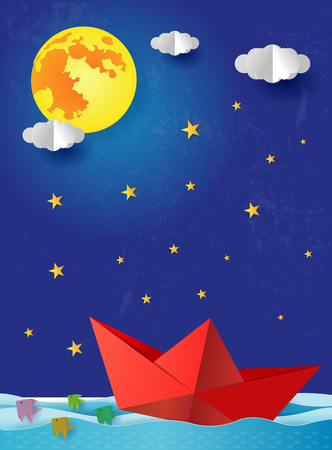 origami Paper boat at night on blue sea ocean. Surreal seascape with full moon with clouds and star, paper art and digital craft style, leadership concept, flat Vector illustration.のイラスト素材