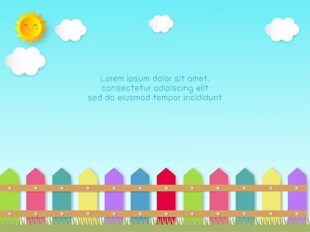 fence with clouds and sun Background Template for advertising brochure, your text, paper art and craft style, vector Illustrationのイラスト素材