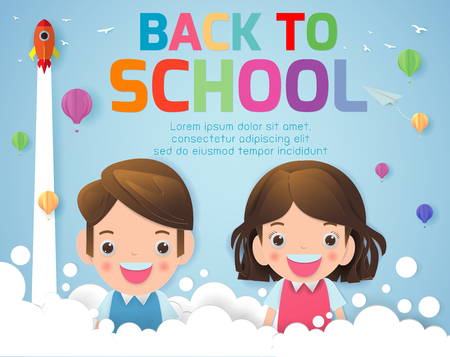 Back to school banner background. back to school, kids school, education concept, Kids go to school, Paper cut and craft style. Paper art style, you text, Origami. Template for advertising brochureのイラスト素材