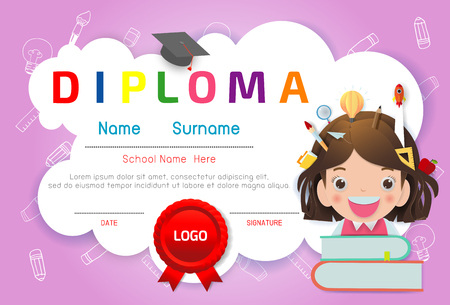 Certificates kindergarten and elementary, Preschool Kids Diploma certificate pattern design template, paper art style, vector illustrationのイラスト素材