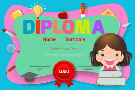 Certificates kindergarten and elementary, Preschool Kids Diploma certificate pattern design template, paper art style, vector illustrationのイラスト素材
