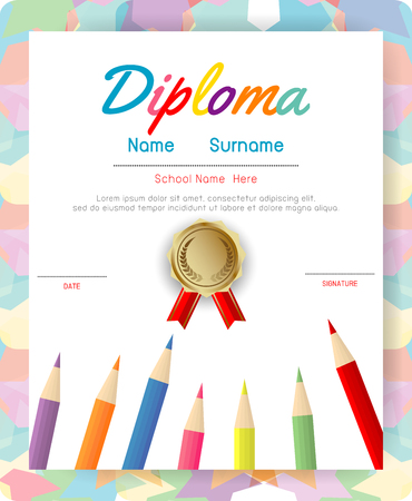 Certificates kindergarten and elementary, Preschool Kids Diploma certificate pattern design template, Diploma template for kindergarten students, Certificate of kids diplomaのイラスト素材